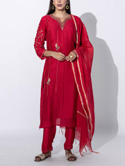 Red Chanderi Embroidered Suit Set