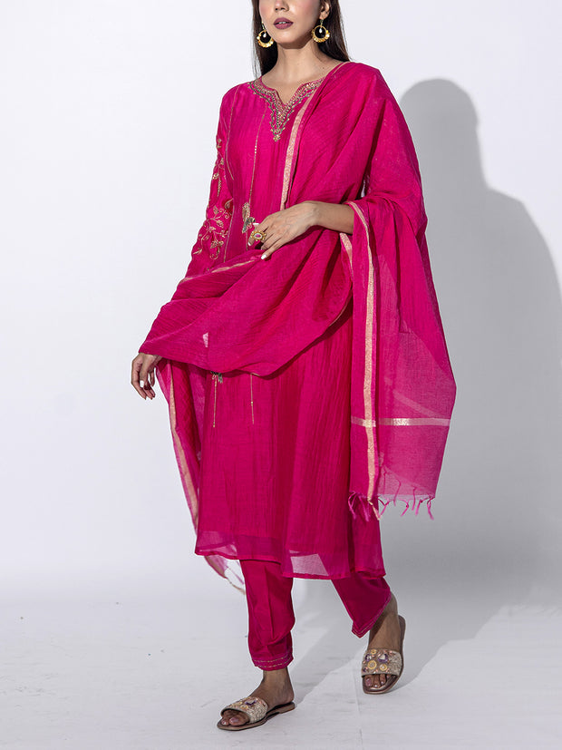 Pink Chanderi Embroidered Suit Set