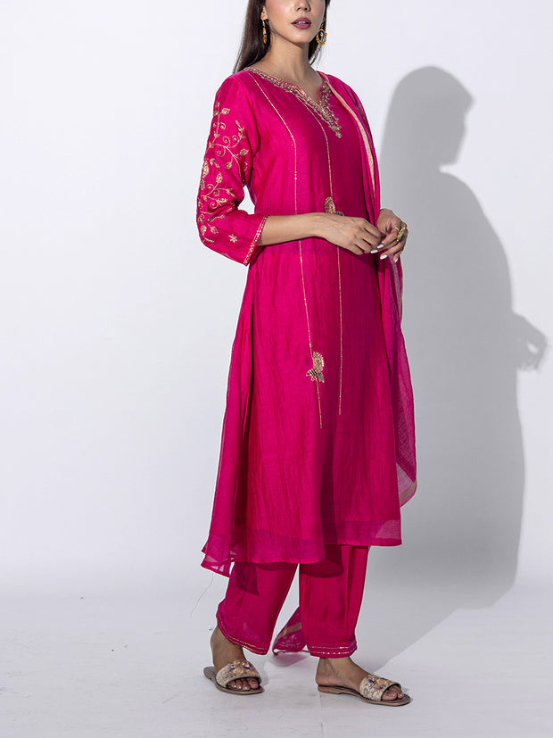 Pink Chanderi Embroidered Suit Set