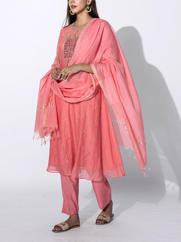 Peach Chanderi Embroidered Suit Set