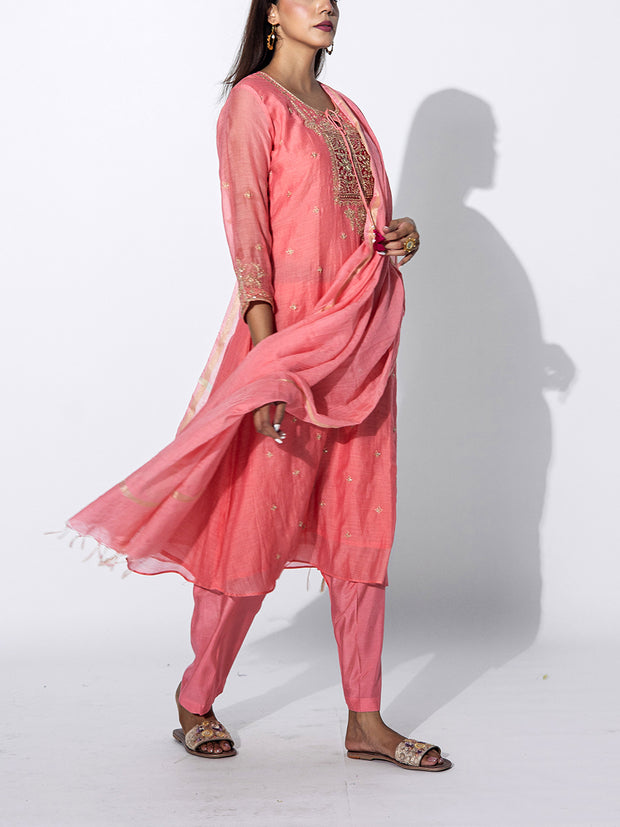 Peach Chanderi Embroidered Suit Set