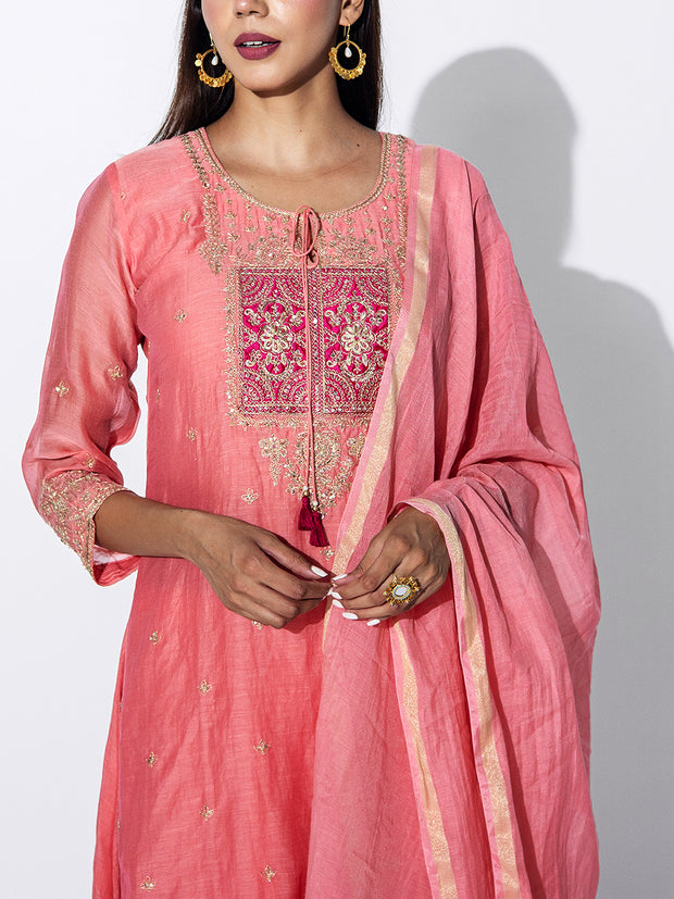 Peach Chanderi Embroidered Suit Set