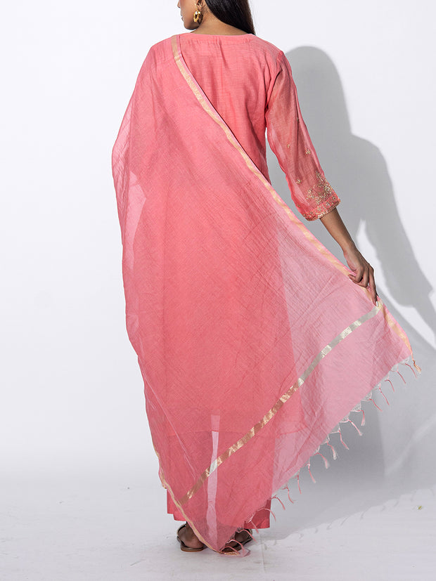 Peach Chanderi Embroidered Suit Set