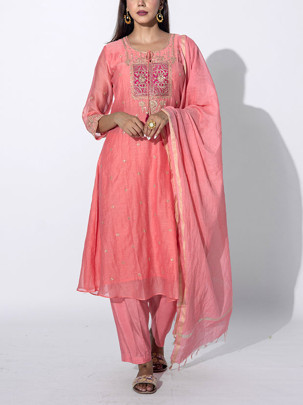 Peach Chanderi Embroidered Suit Set