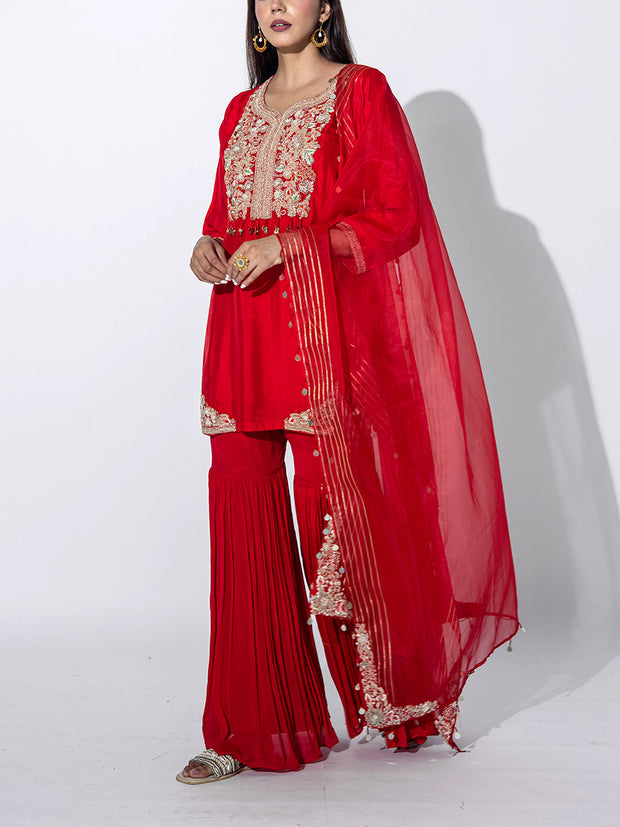 Red Embroidred Kurta Sharara Set