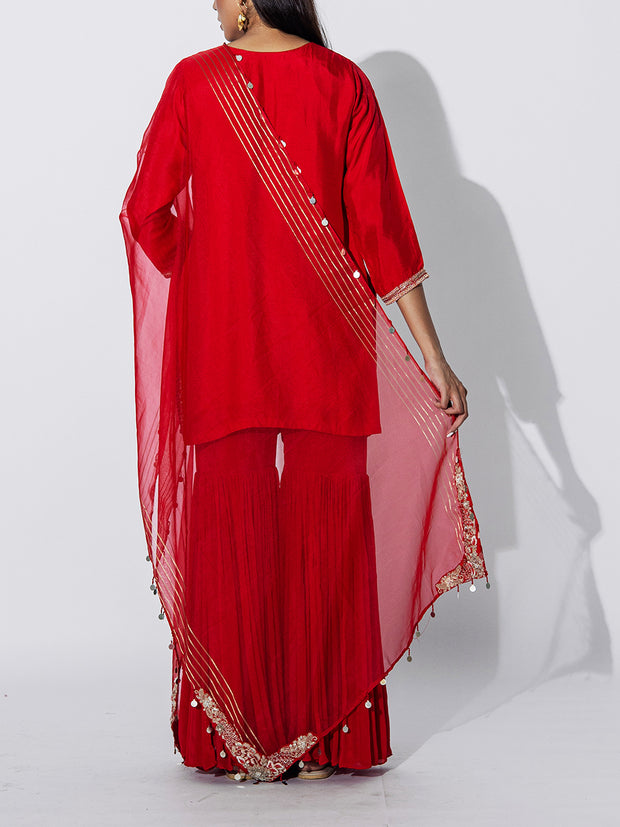 Red Embroidred Kurta Sharara Set