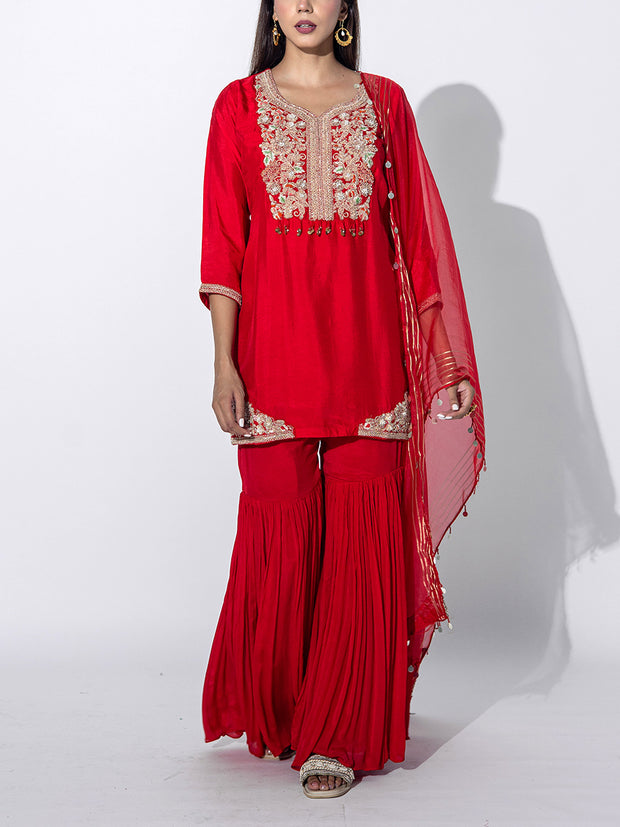 Red Embroidred Kurta Sharara Set