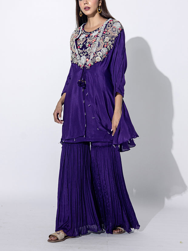 Violet Embroidered Cape and Sharara Set