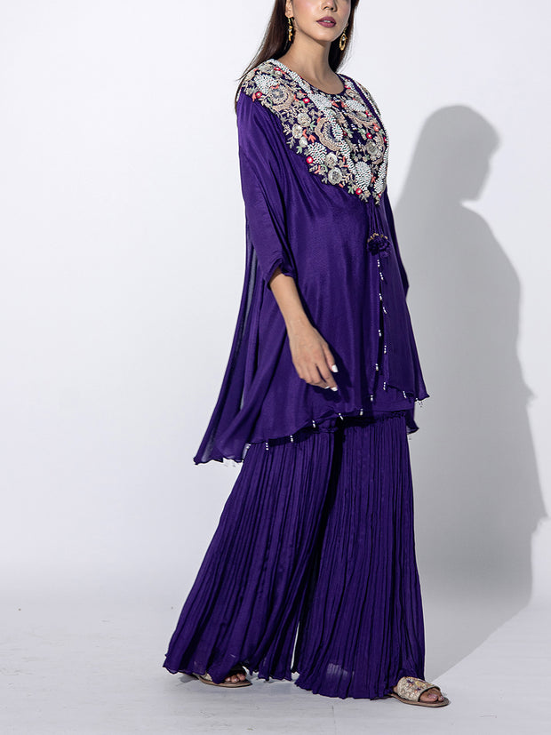 Violet Embroidered Cape and Sharara Set