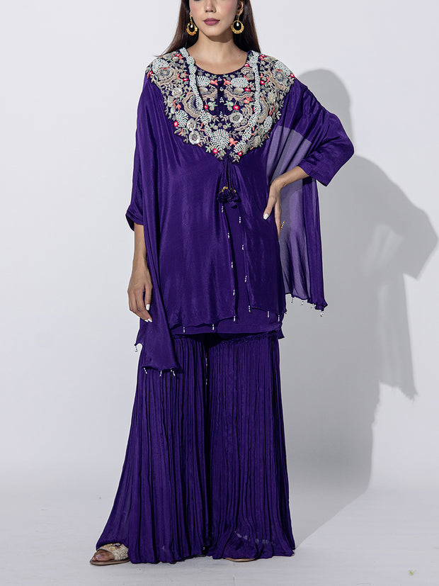 Violet Embroidered Cape and Sharara Set