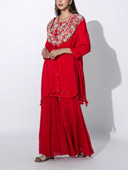 Red Embroidered Cape and Sharara Set
