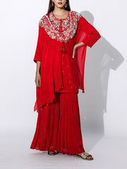 Red Embroidered Cape and Sharara Set