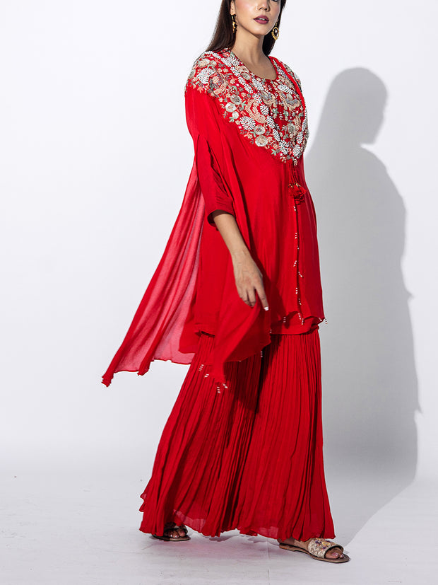 Red Embroidered Cape and Sharara Set