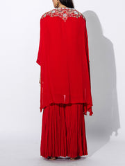 Red Embroidered Cape and Sharara Set