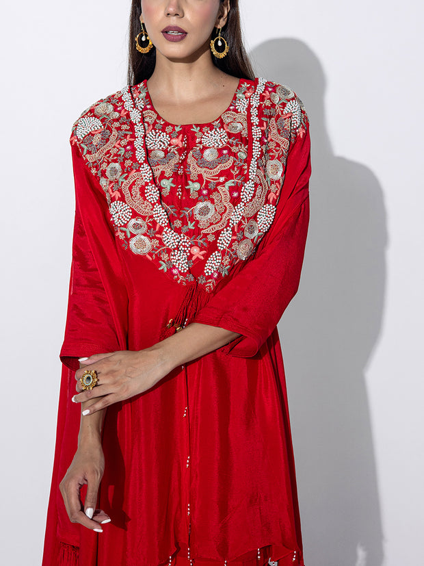 Red Embroidered Cape and Sharara Set