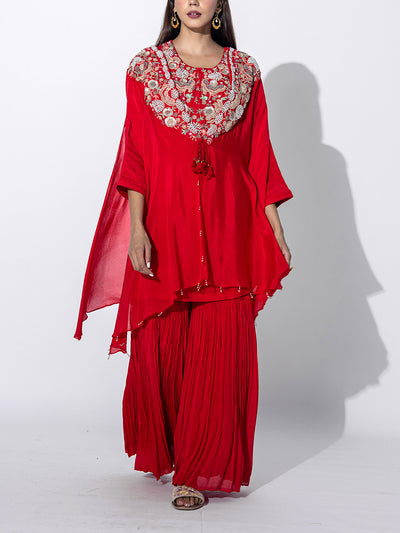 Red Embroidered Cape and Sharara Set