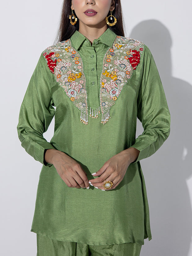 Sage Green Embroidered Top and Pant Set