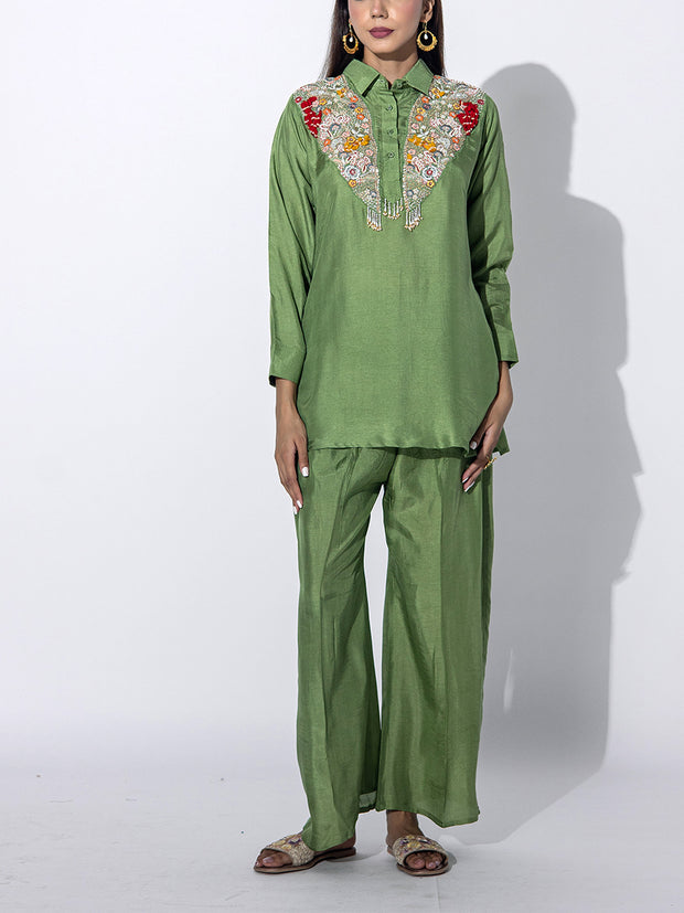 Sage Green Embroidered Top and Pant Set