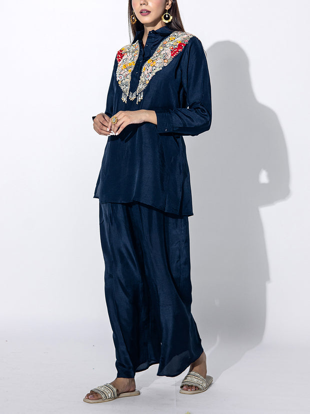 Deep Blue Embroidered Top and Pant Set