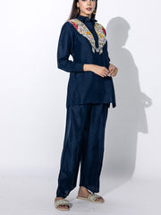 Deep Blue Embroidered Top and Pant Set