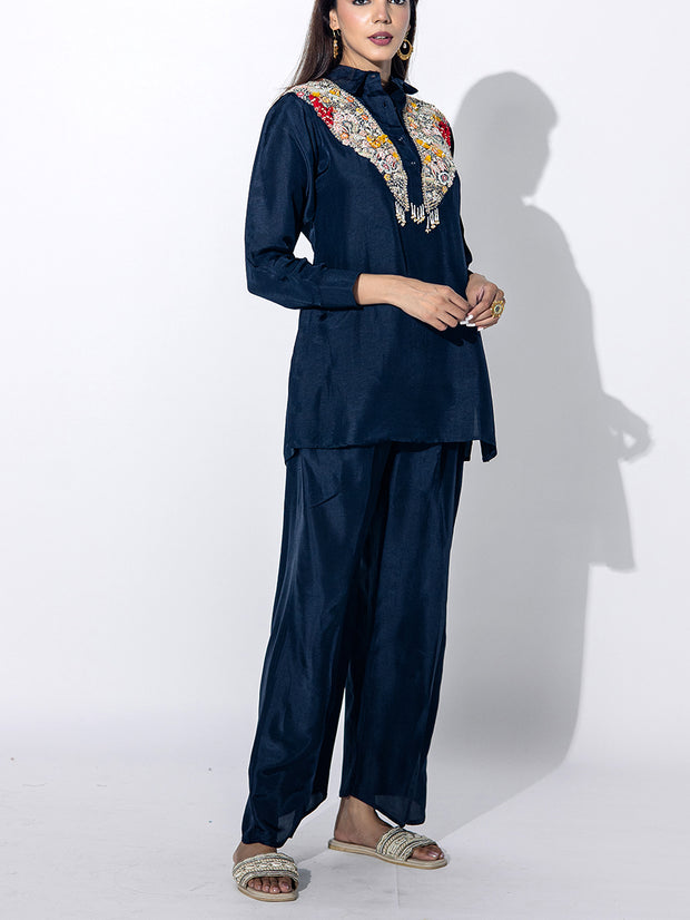 Deep Blue Embroidered Top and Pant Set