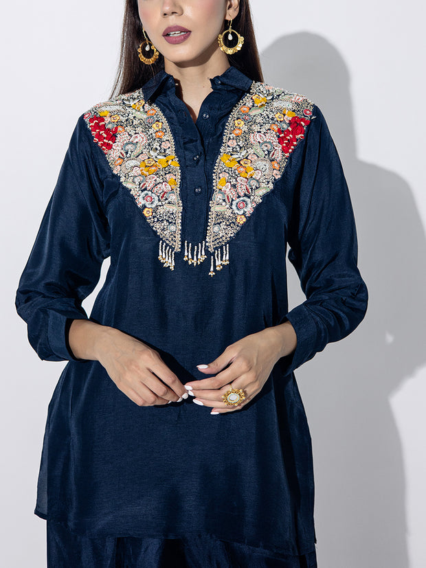Deep Blue Embroidered Top and Pant Set