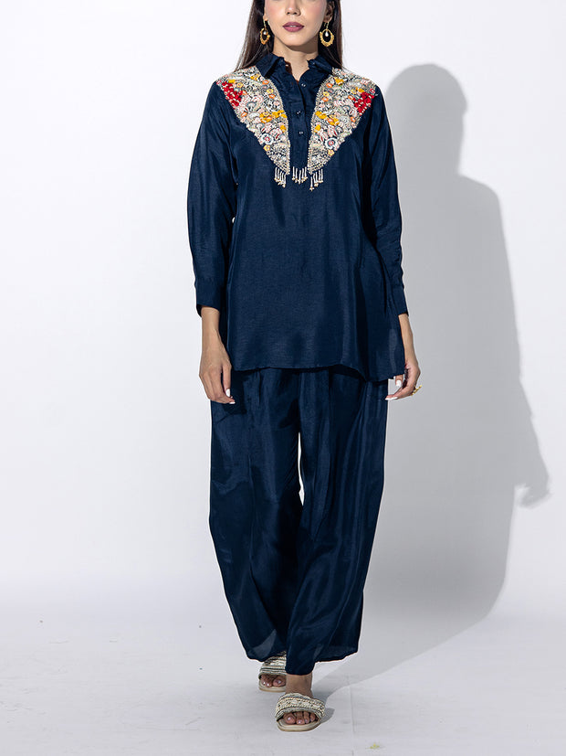 Deep Blue Embroidered Top and Pant Set