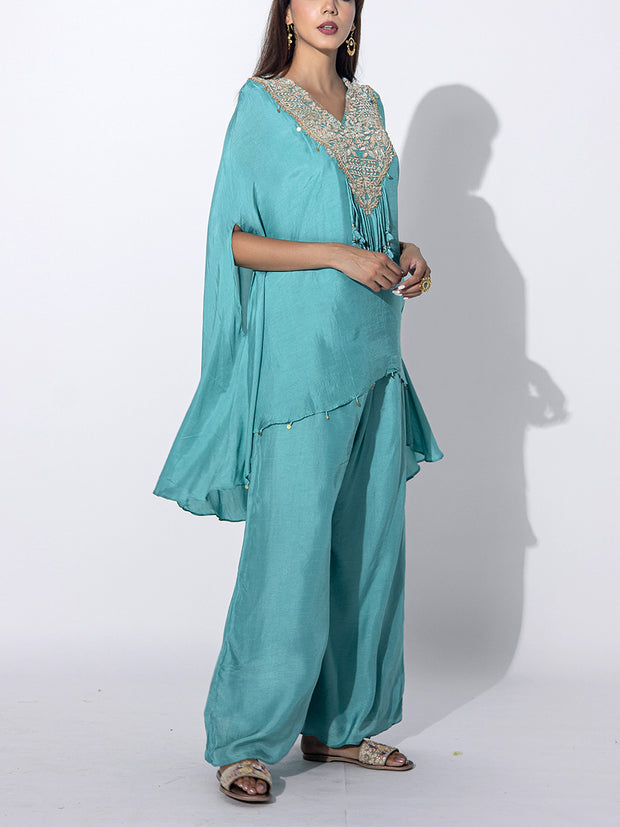 Sky Blue Embroidered Cape and Palazzo Set