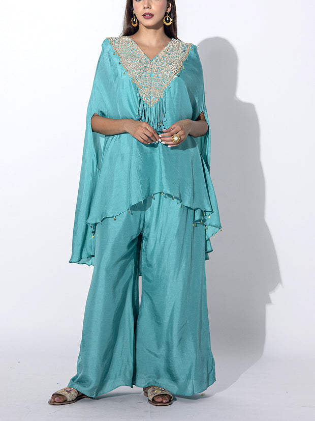 Sky Blue Embroidered Cape and Palazzo Set