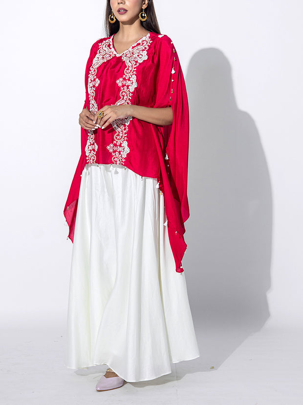 Red and Cream Embroidered Top and Palazzo Set