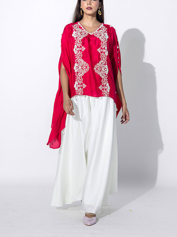 Red and Cream Embroidered Top and Palazzo Set