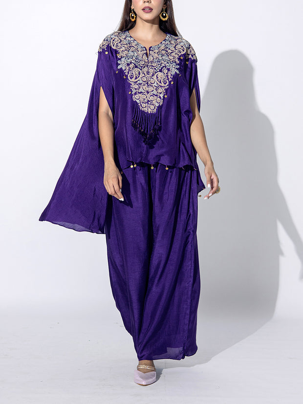 Violet Embroidered Silk Cape and Sharara Set