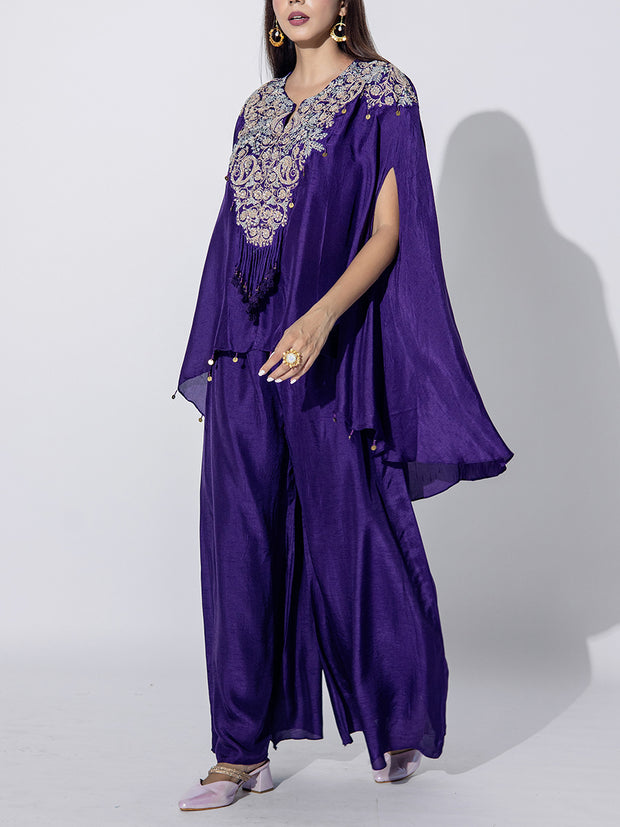 Violet Embroidered Silk Cape and Sharara Set