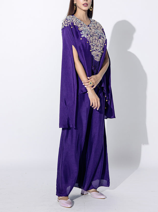 Violet Embroidered Silk Cape and Sharara Set