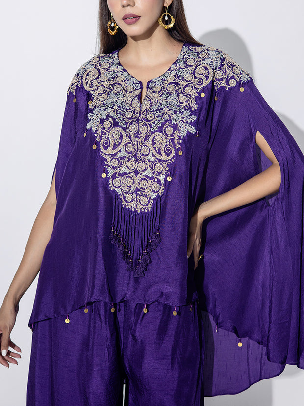 Violet Embroidered Silk Cape and Sharara Set