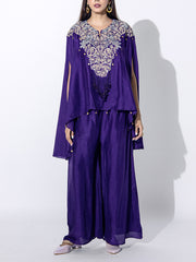 Violet Embroidered Silk Cape and Sharara Set