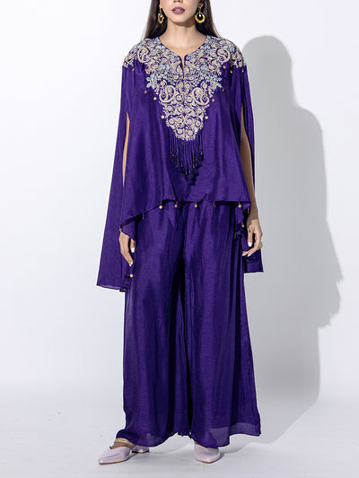 Violet Embroidered Silk Cape and Sharara Set