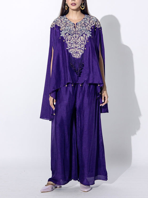 Violet Embroidered Silk Cape and Sharara Set
