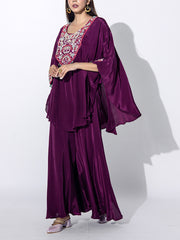 Wine Embroidered Cape and Palazzo Set