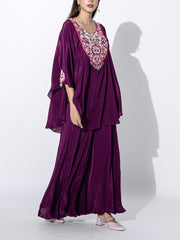 Wine Embroidered Cape and Palazzo Set