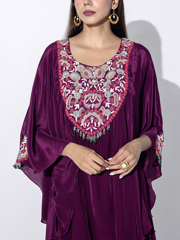 Wine Embroidered Cape and Palazzo Set