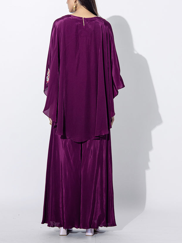 Wine Embroidered Cape and Palazzo Set