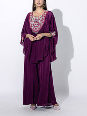 Wine Embroidered Cape and Palazzo Set