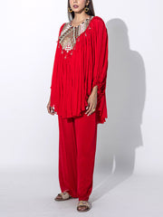 Red Embroidered Cape and Palazzo Set