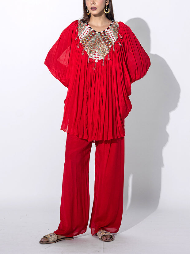 Red Embroidered Cape and Palazzo Set