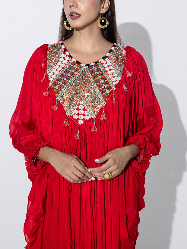 Red Embroidered Cape and Palazzo Set