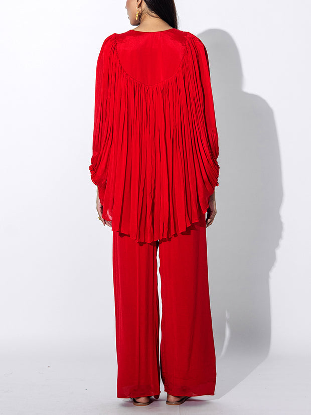 Red Embroidered Cape and Palazzo Set