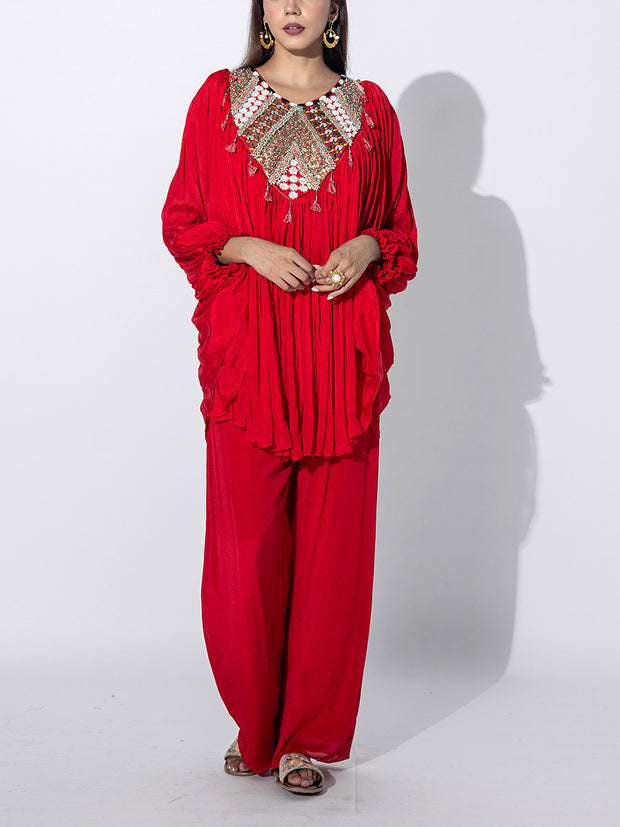 Red Embroidered Cape and Palazzo Set