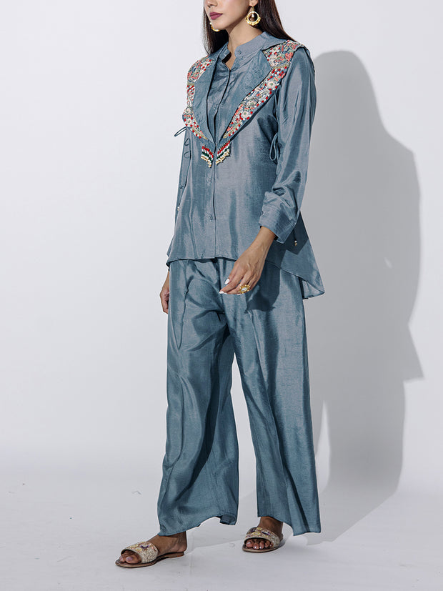 Grey Embroidered Top and Pant Set