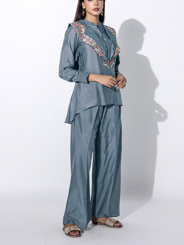 Grey Embroidered Top and Pant Set